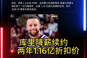 大幅度降薪库里2年1.16亿美元提前续约勇士！！！